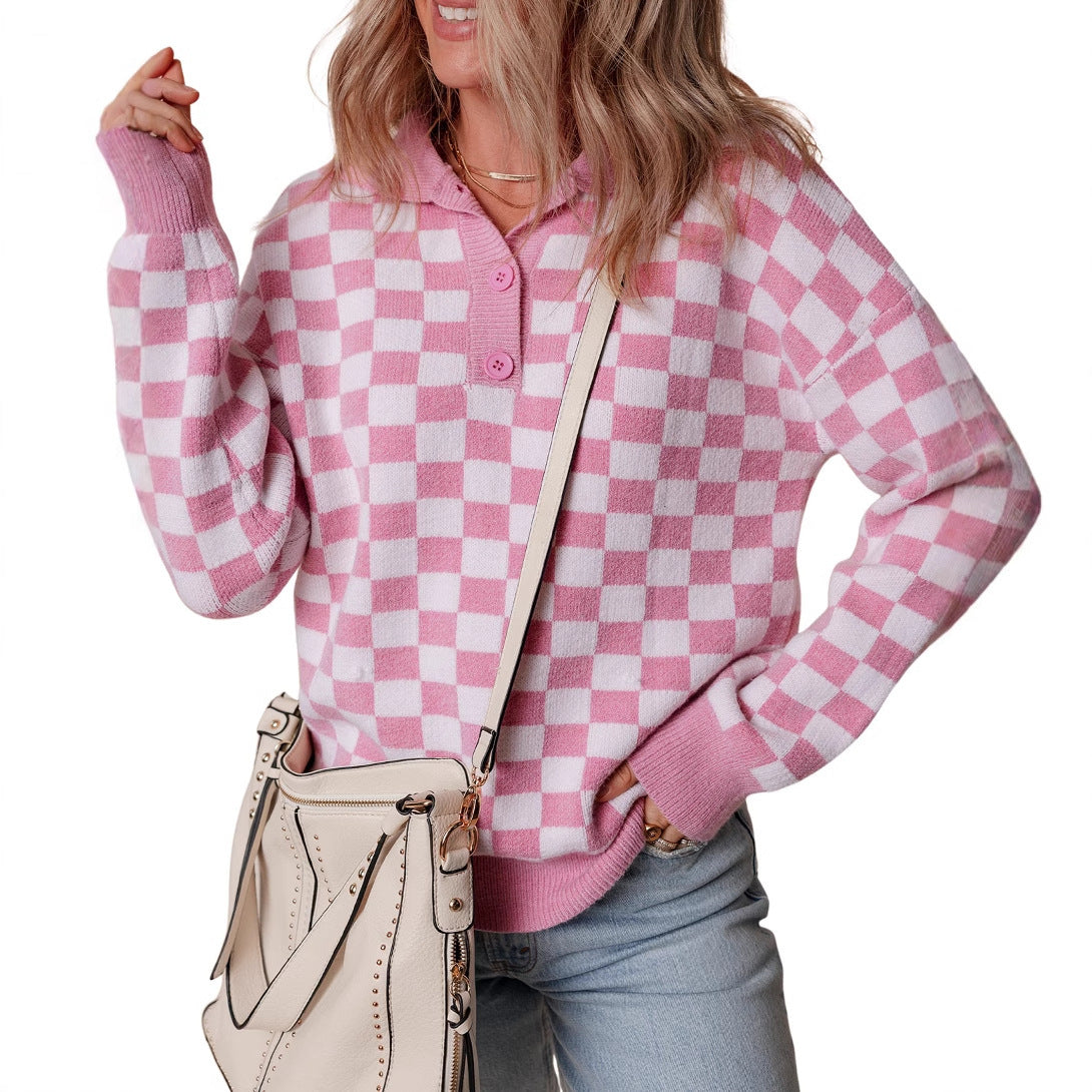 Ruby | Women's Soft Plaid Knit Sweater with Elegant Button Accent
