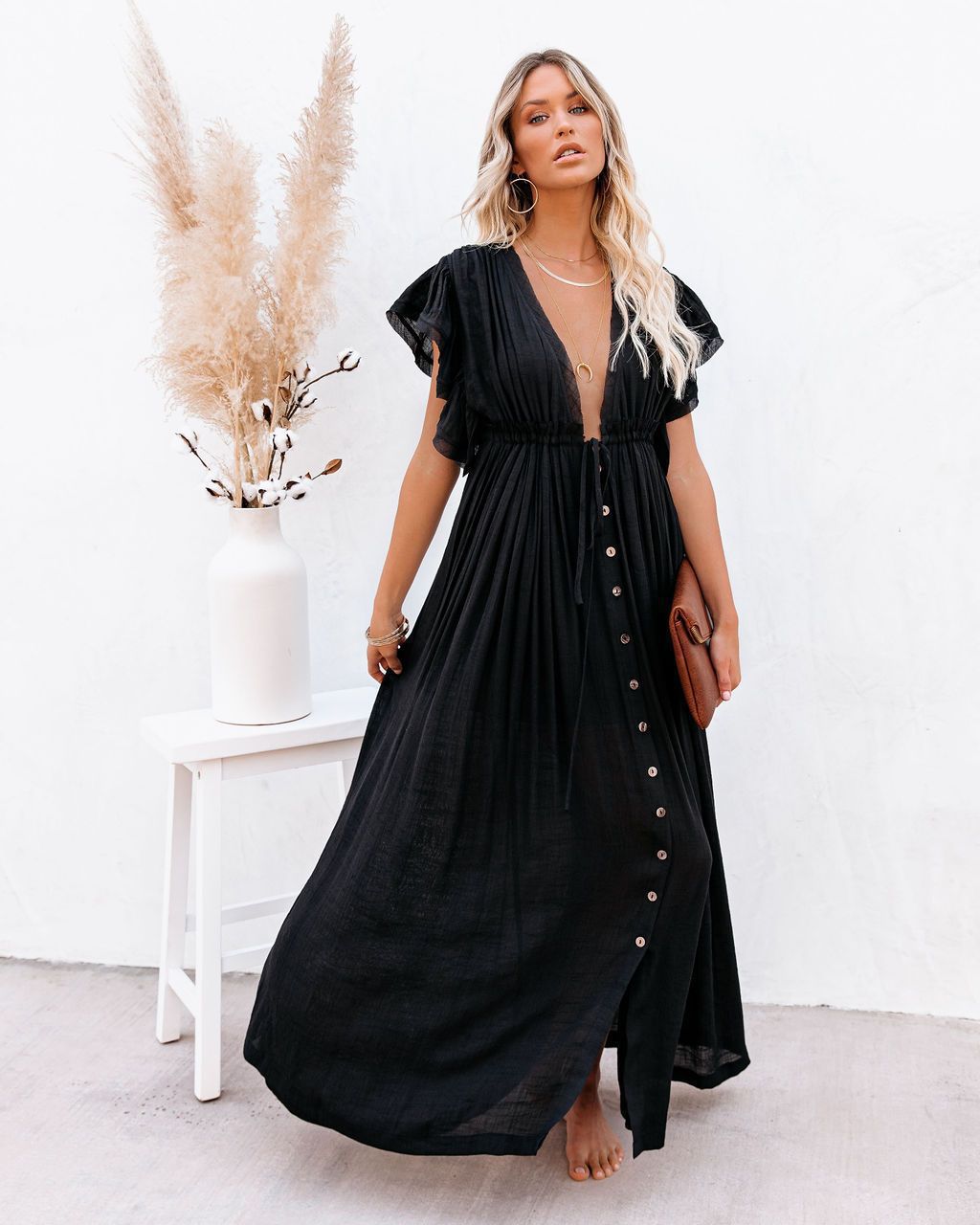 Eva | Women’s boho flowy maxi dress with button front