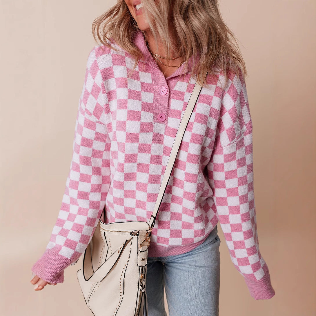 Ruby | Women's Soft Plaid Knit Sweater with Elegant Button Accent