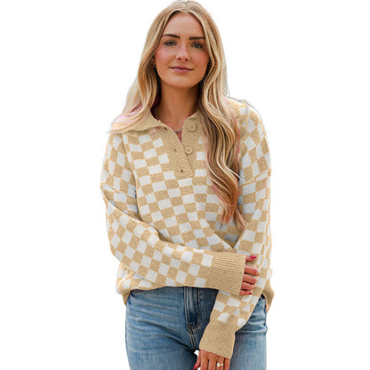 Ruby | Women's Soft Plaid Knit Sweater with Elegant Button Accent