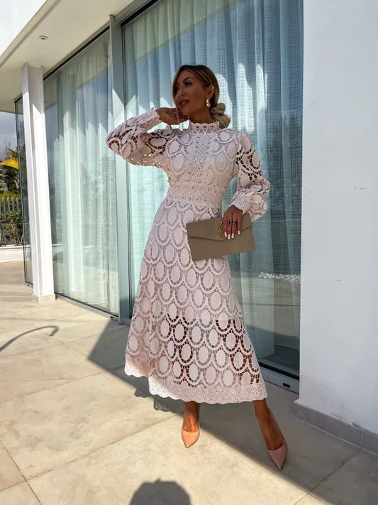 Charlotte | Elegant Lace Midi Dress with Long Puff Sleeves