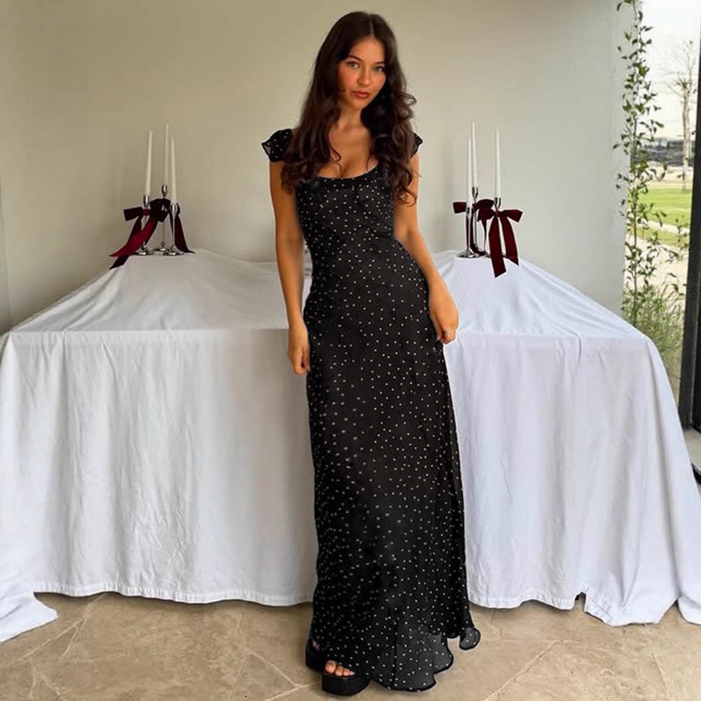 Harlow | Women’s polka dot maxi dress with spaghetti straps