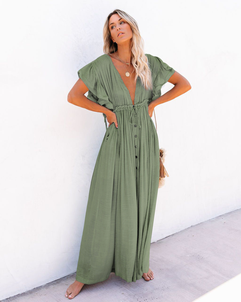 Eva | Women’s boho flowy maxi dress with button front