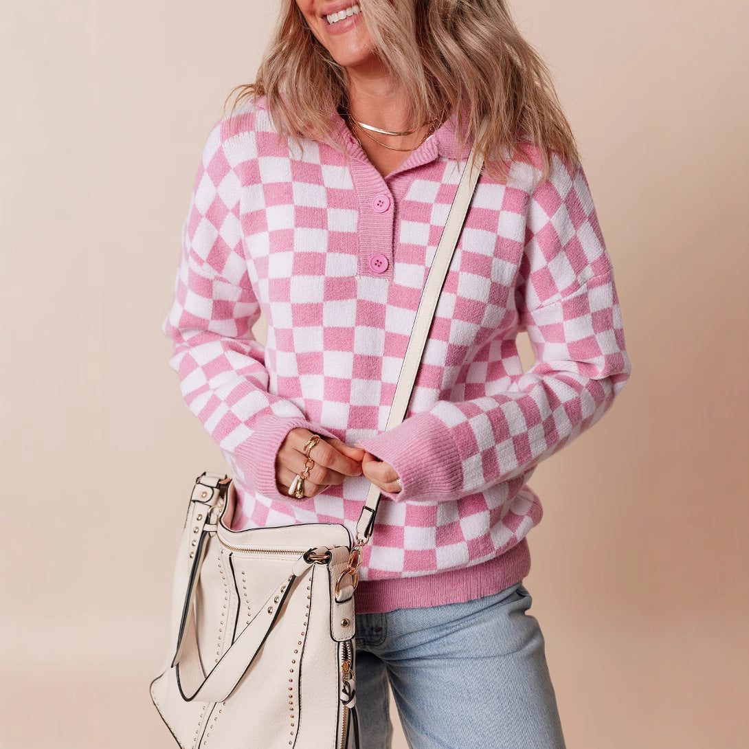 Ruby | Women's Soft Plaid Knit Sweater with Elegant Button Accent