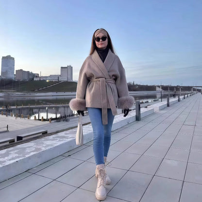 Sophia | Women's Elegant Wool Jacket with Belt and Plush Trim