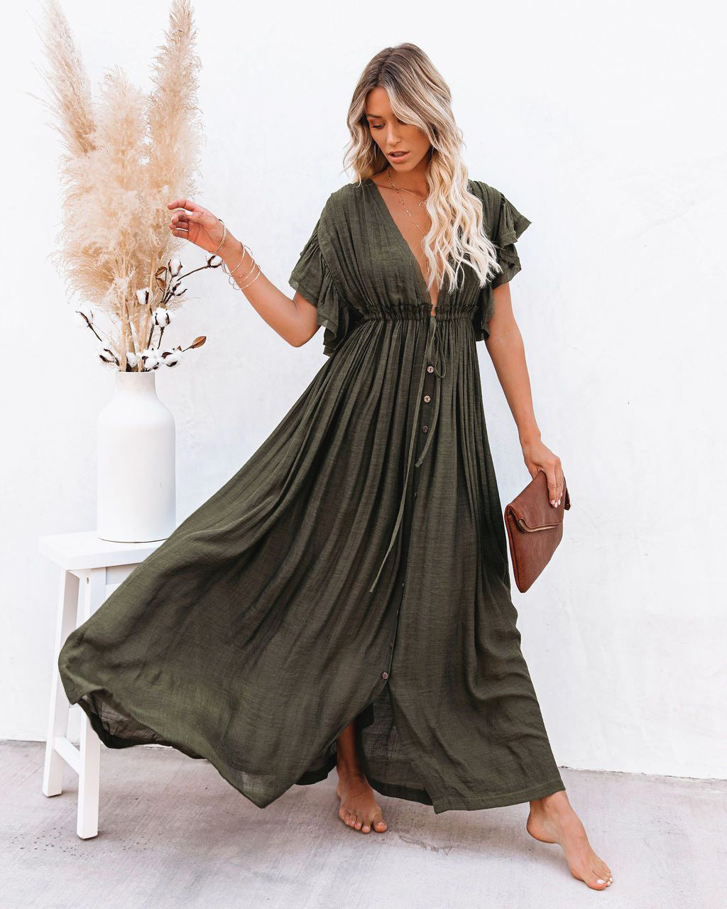 Eva | Women’s boho flowy maxi dress with button front