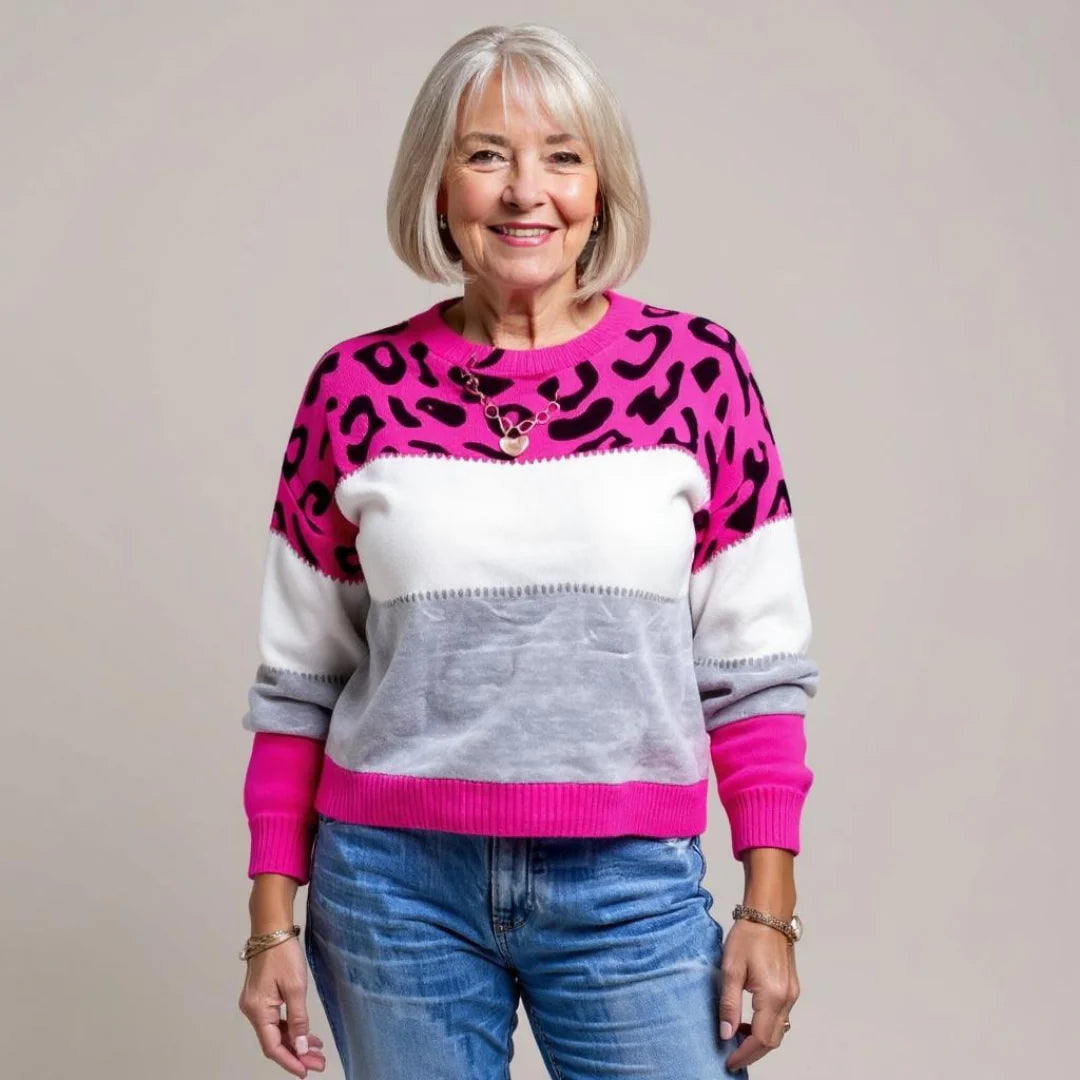 Amara | Women’s Leopard Print Casual Sweater with Striped Detail | Printed