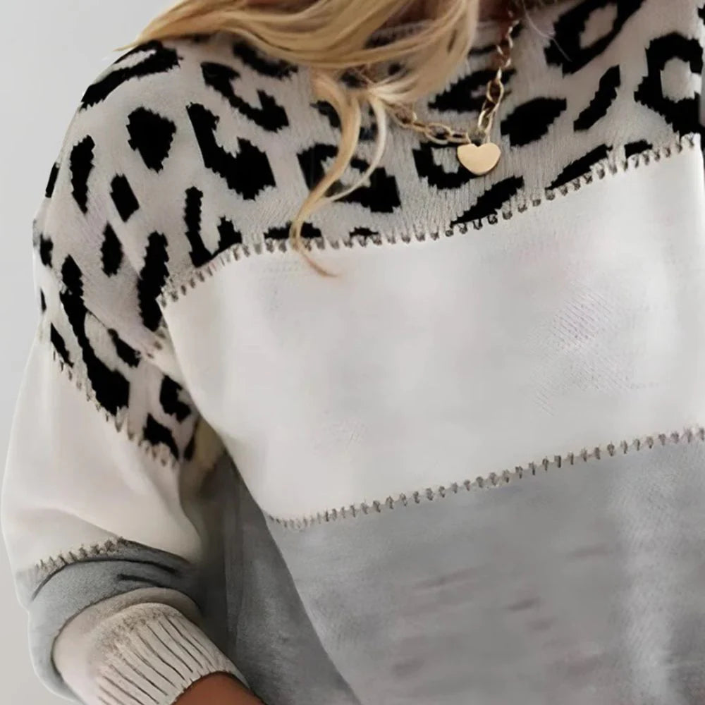 Amara | Women’s Leopard Print Casual Sweater with Striped Detail | Printed