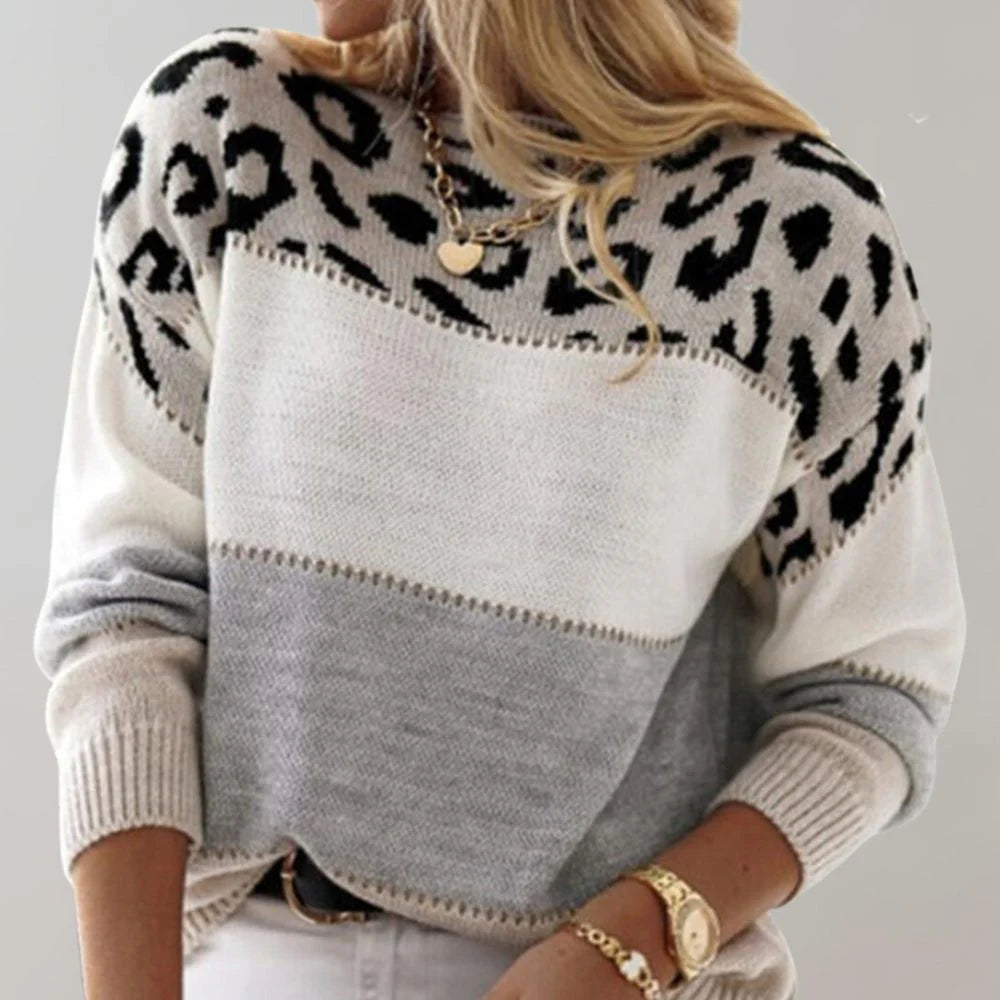 Amara | Women’s Leopard Print Casual Sweater with Striped Detail | Printed