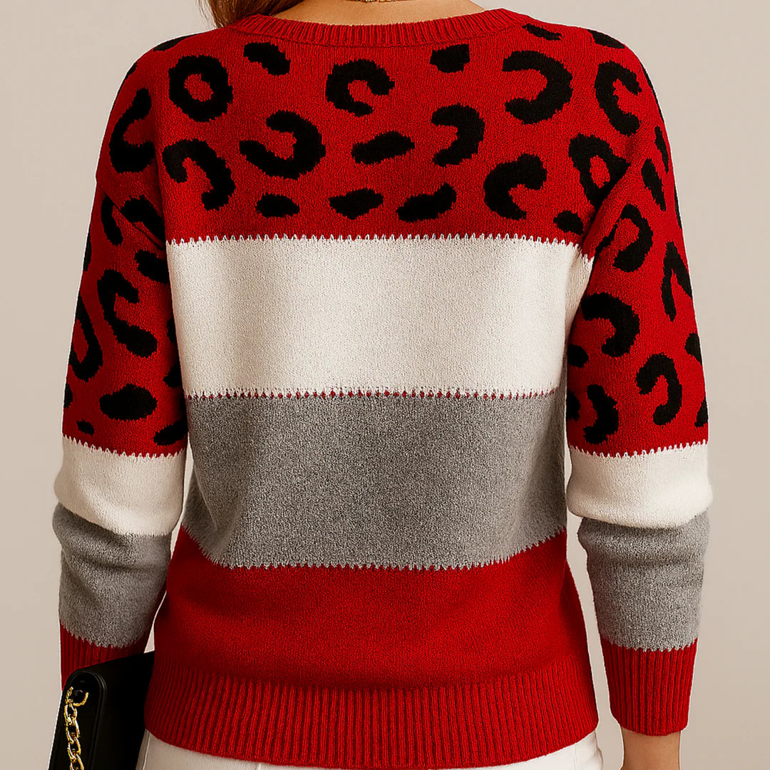 Amara | Women’s Leopard Print Casual Sweater with Striped Detail | Printed