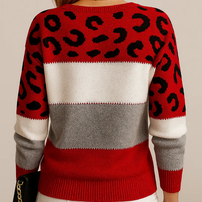 Amara | Women’s Leopard Print Casual Sweater with Striped Detail | Printed