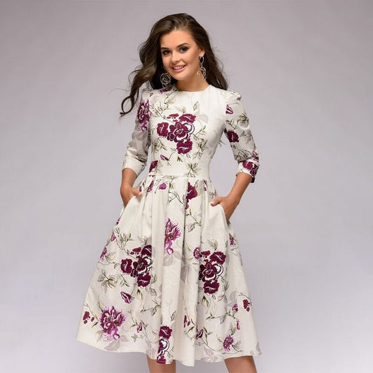 Brielle | Elegant retro floral midi dress with long sleeves