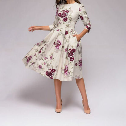 Brielle | Elegant retro floral midi dress with long sleeves
