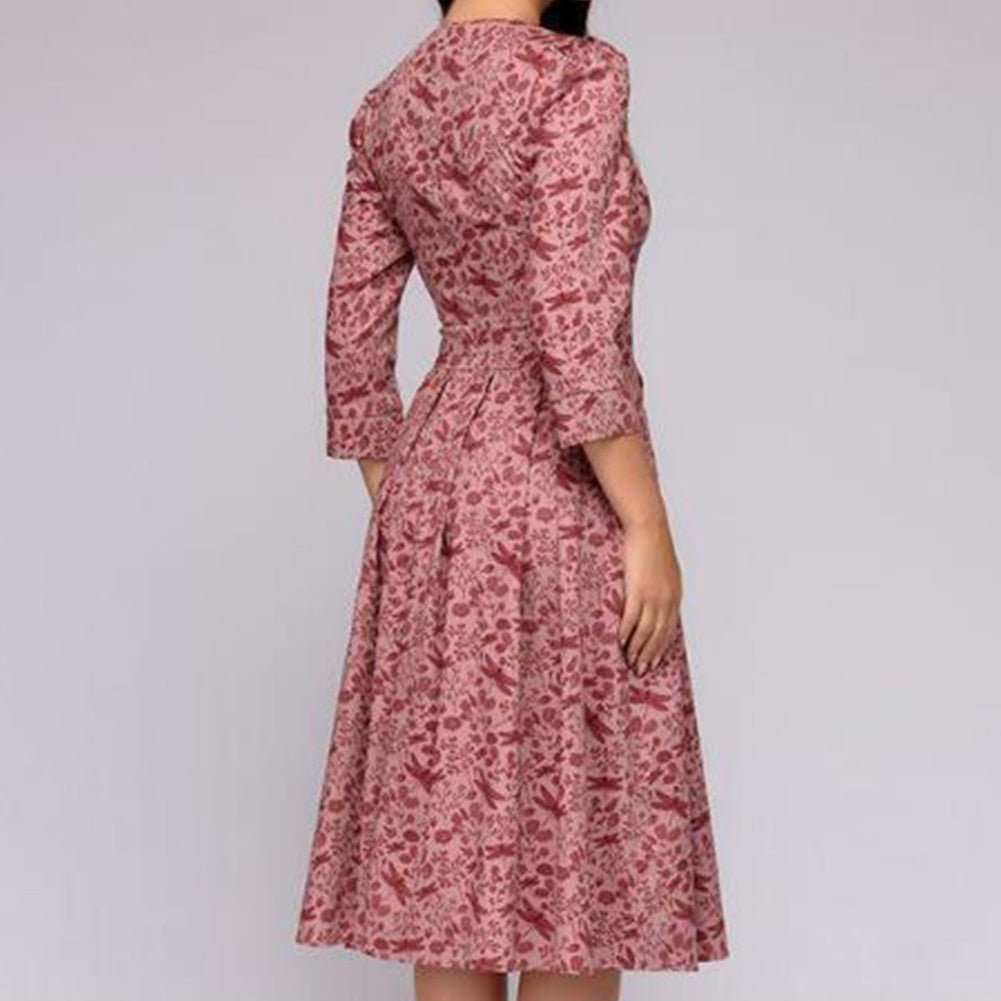 Brielle | Elegant retro floral midi dress with long sleeves