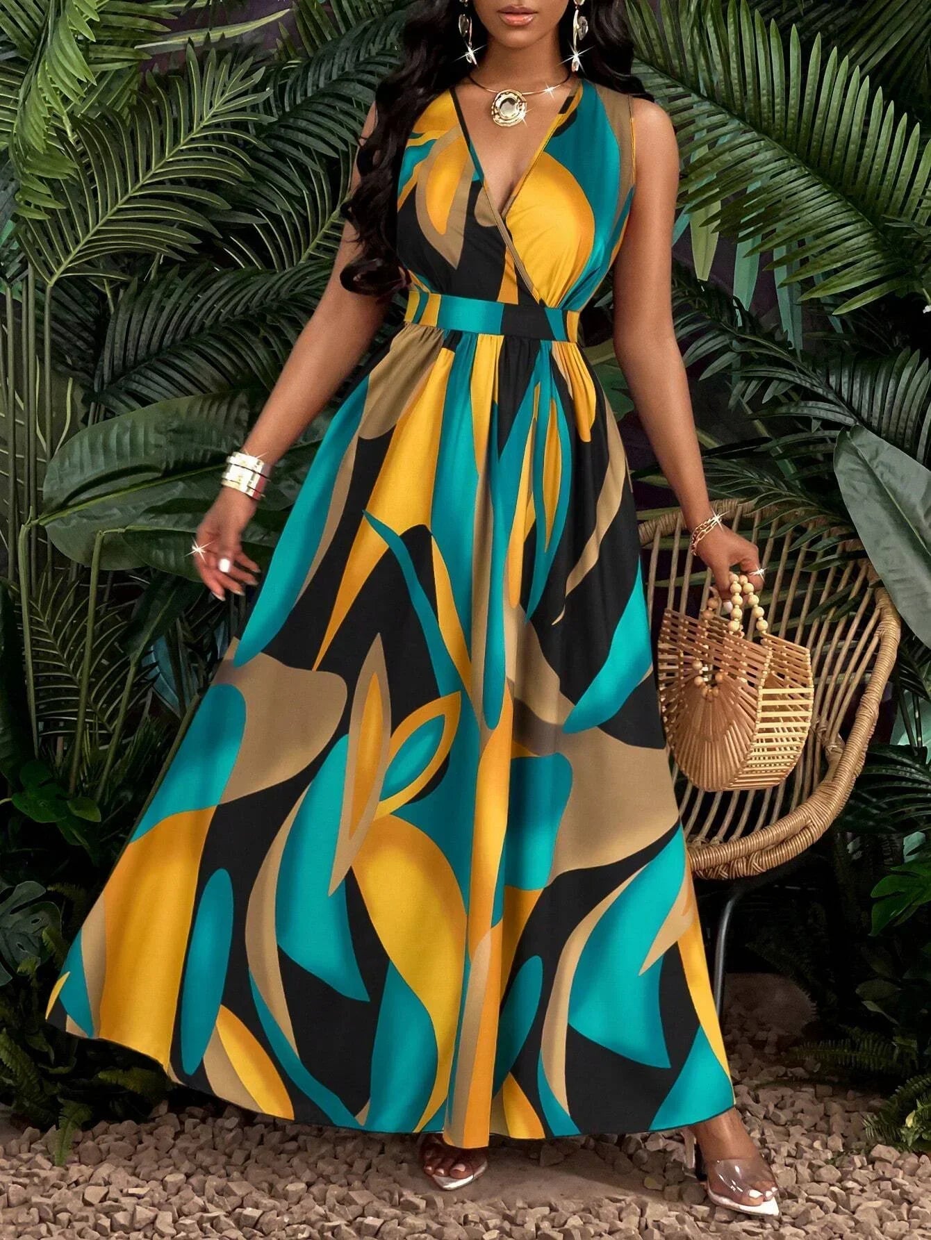 Estelle | Women’s V-Neck Sleeveless Maxi Dress with Abstract Print
