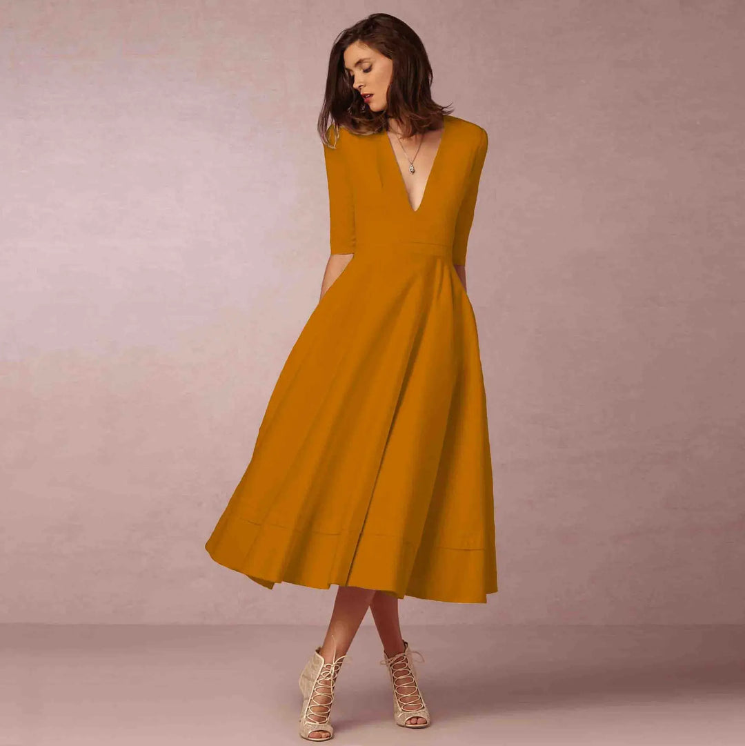 Vespera | Women’s Soft Fabric V-Neck Midi Dress | Versatile
