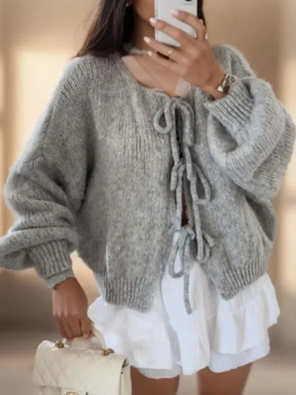 Violet | Knit Cardigan with Bow Closure and Bohemian Style