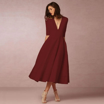 Vespera | Women’s Soft Fabric V-Neck Midi Dress | Versatile