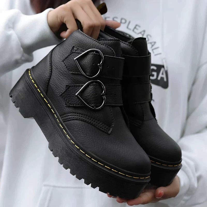 Natalie | Women's Chunky Sole Ankle Boots with Heart Buckle and Comfortable Fit