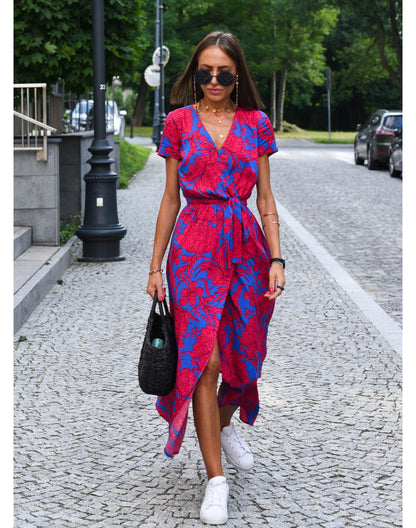 Ferlina | Women Floral Wrap Midi Dress with V Neck and Short Sleeves