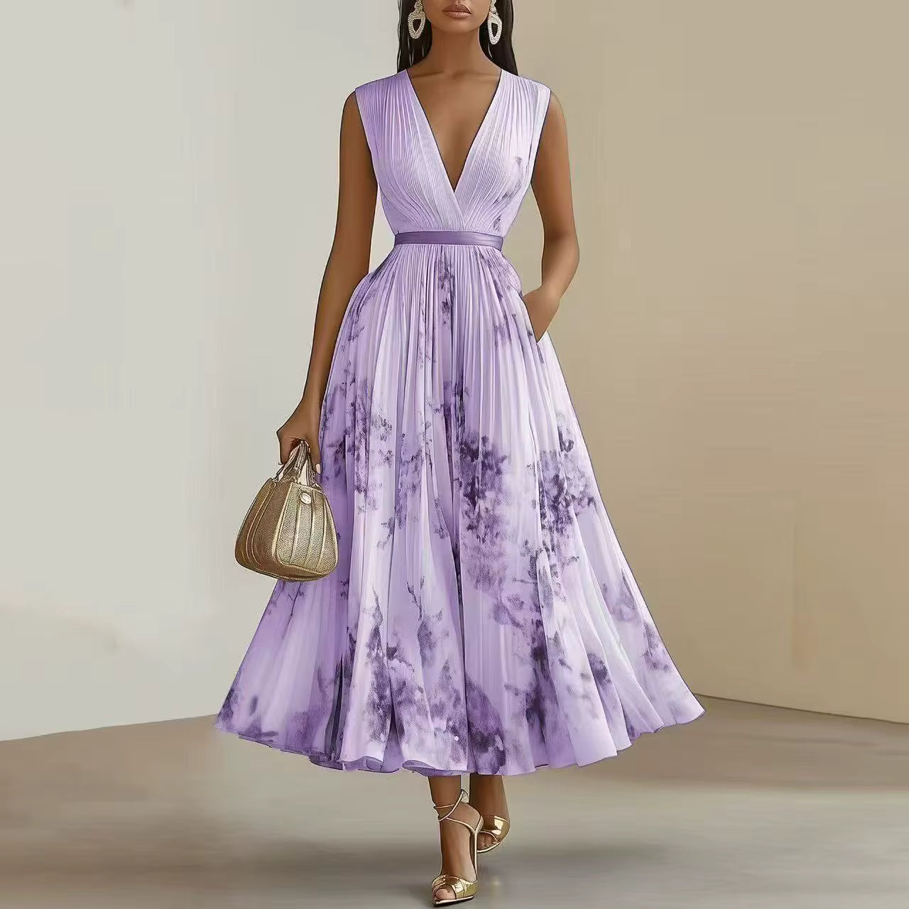 Della | Women’s Elegant V-Neck Maxi Dress | Pleated