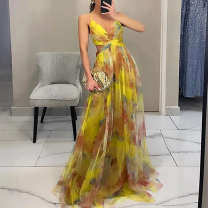 Mia | Floral Long Elegant Dress with Spaghetti Straps and Twist Front