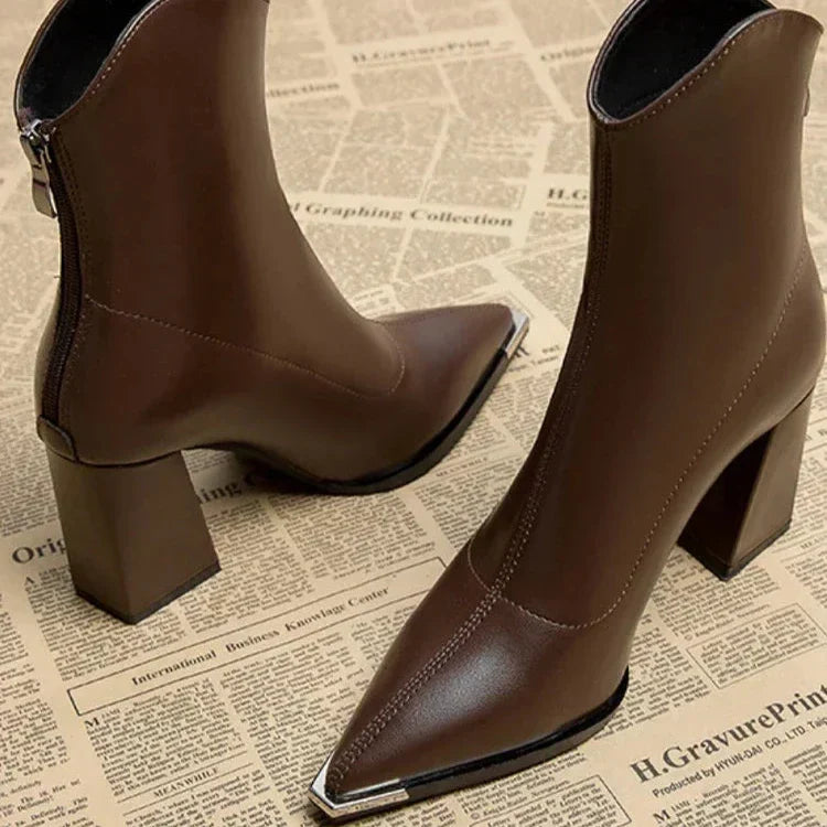 Avery | Leather Ankle Boots with Pointed Toe and Block Heel