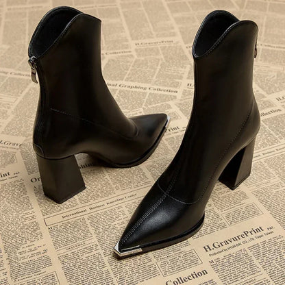 Avery | Leather Ankle Boots with Pointed Toe and Block Heel