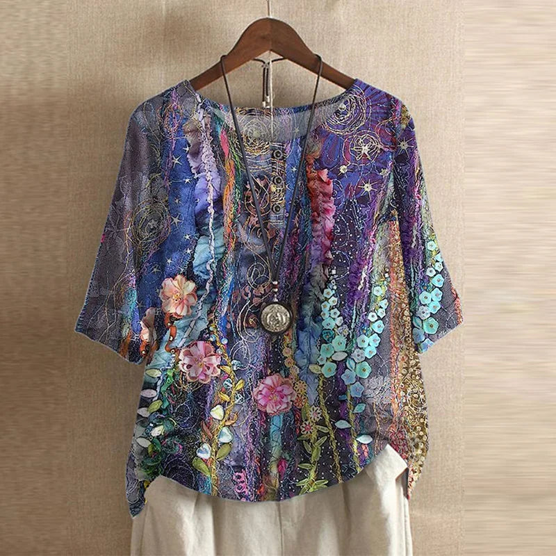 Juliette | Retro Inspired Blouse with Mixed Print Design