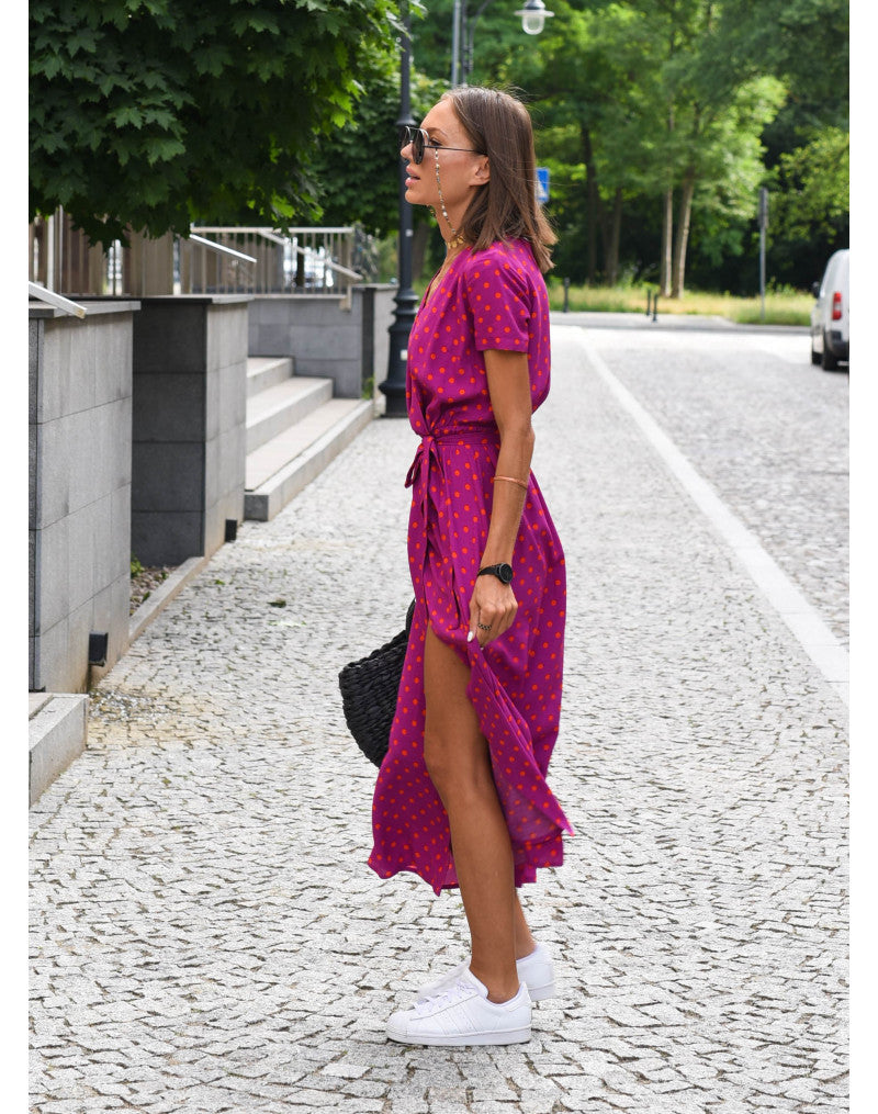 Ferlina | Women Floral Wrap Midi Dress with V Neck and Short Sleeves