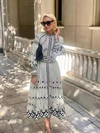 Clara | Women's A line midi dress with printed long sleeve