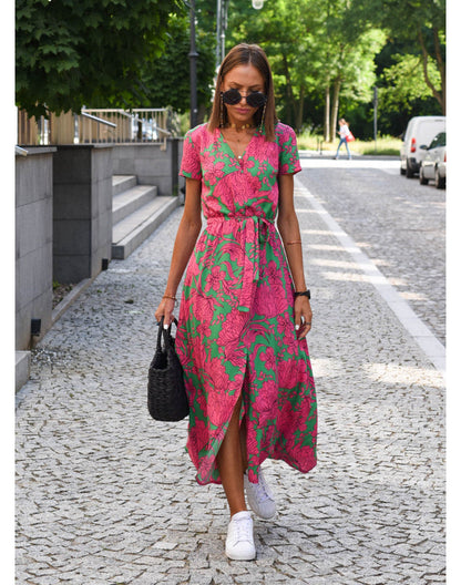 Ferlina | Women Floral Wrap Midi Dress with V Neck and Short Sleeves