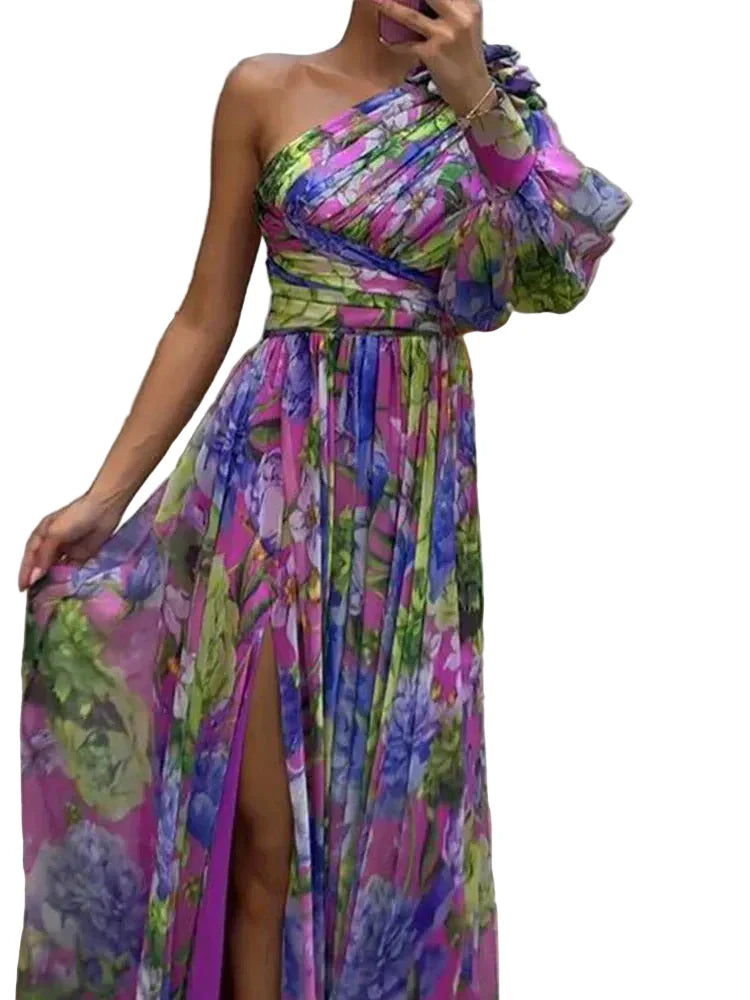 Calira | Printed one shoulder maxi dress with side slit