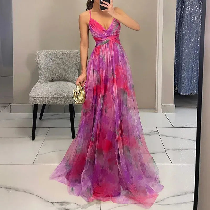 Mia | Floral Long Elegant Dress with Spaghetti Straps and Twist Front