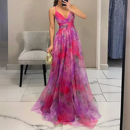 Mia | Floral Long Elegant Dress with Spaghetti Straps and Twist Front