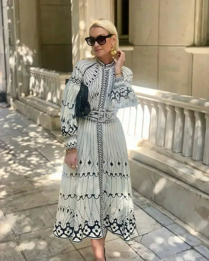Clara | Women's A line midi dress with printed long sleeve