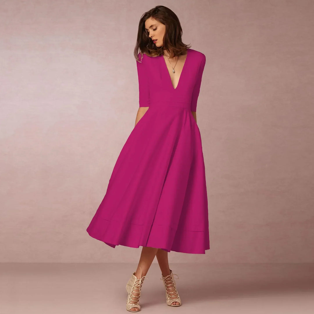 Vespera | Women’s Soft Fabric V-Neck Midi Dress | Versatile
