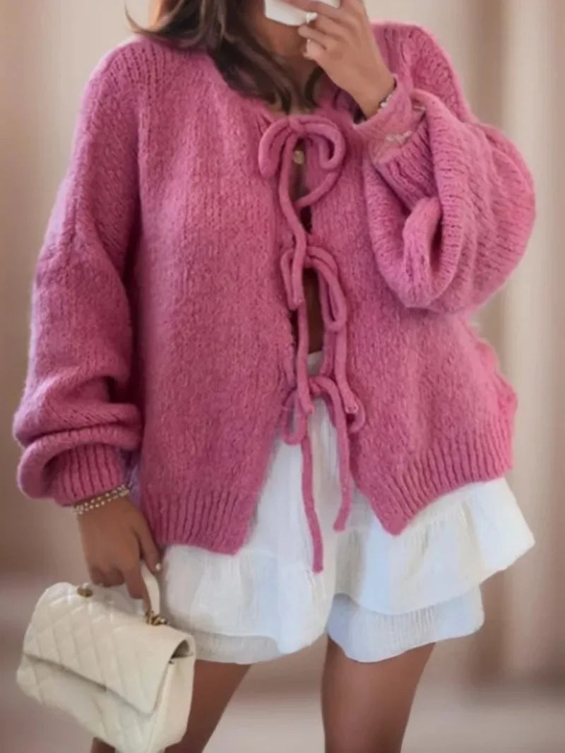 Violet | Knit Cardigan with Bow Closure and Bohemian Style
