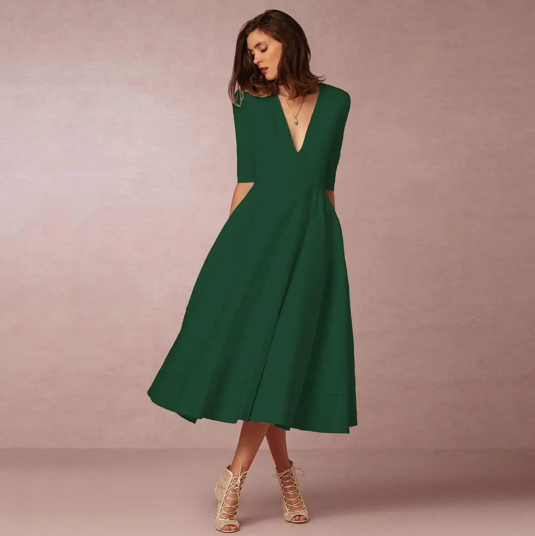 Vespera | Women’s Soft Fabric V-Neck Midi Dress | Versatile