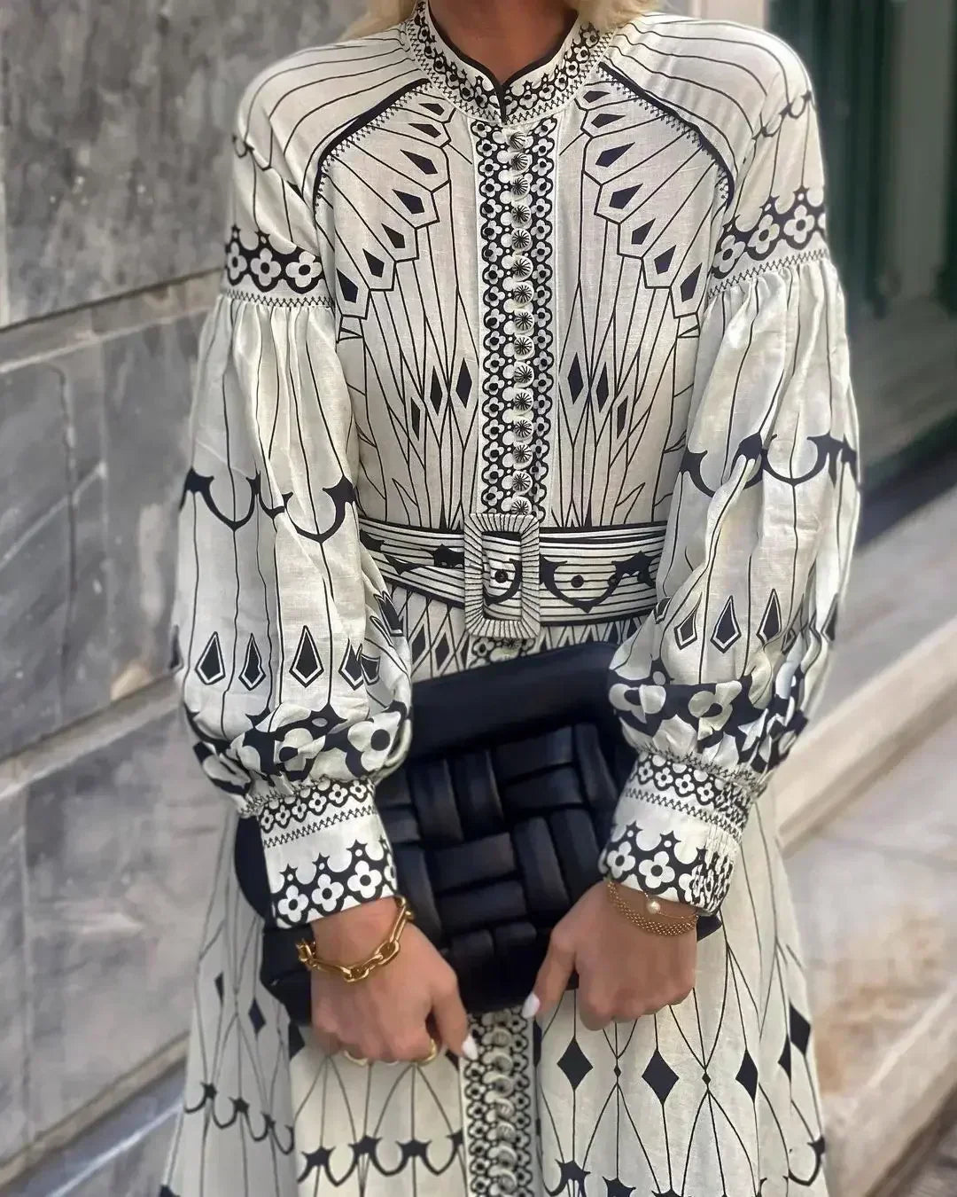 Clara | Women's A line midi dress with printed long sleeve
