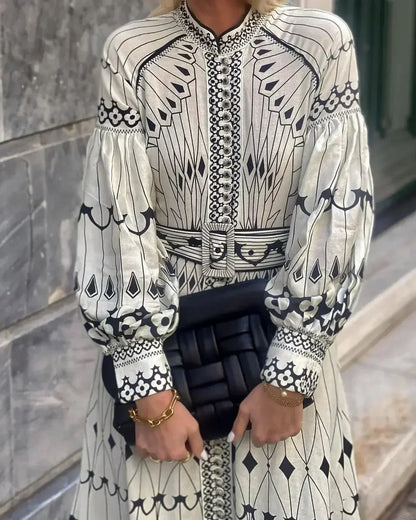 Clara | Women's A line midi dress with printed long sleeve