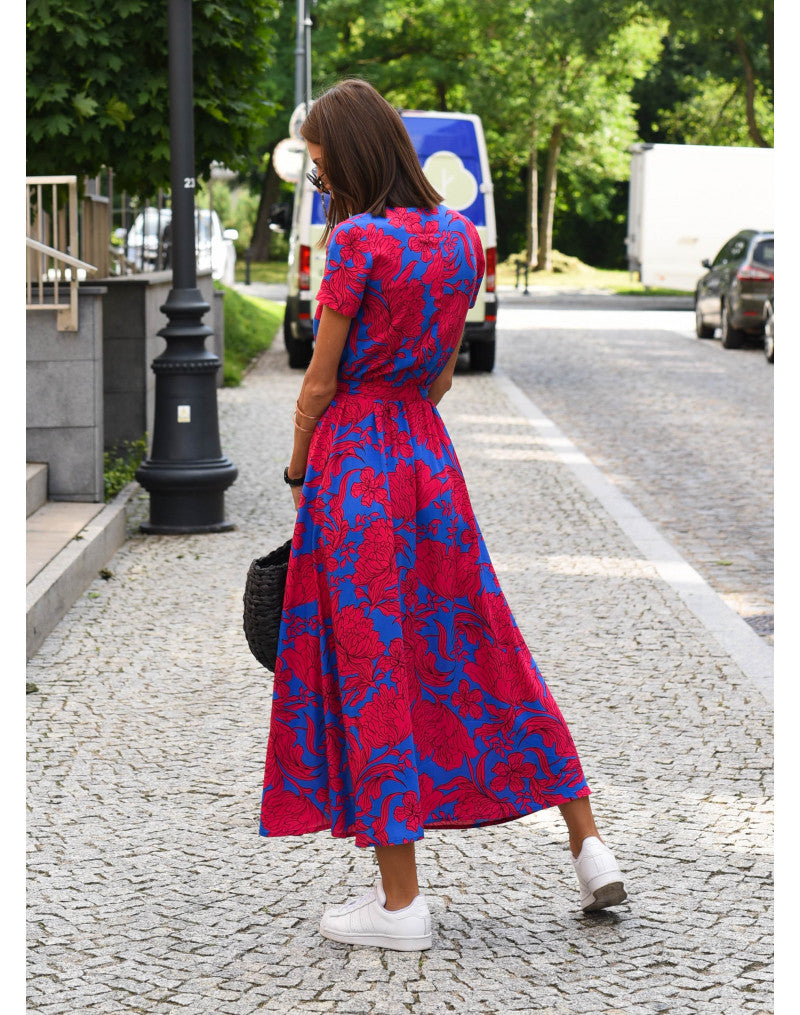 Ferlina | Women Floral Wrap Midi Dress with V Neck and Short Sleeves