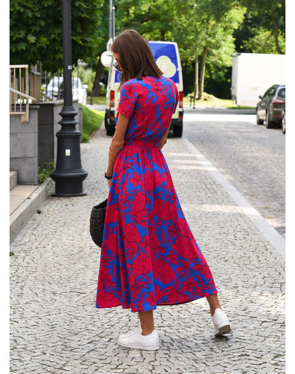 Ferlina | Women Floral Wrap Midi Dress with V Neck and Short Sleeves