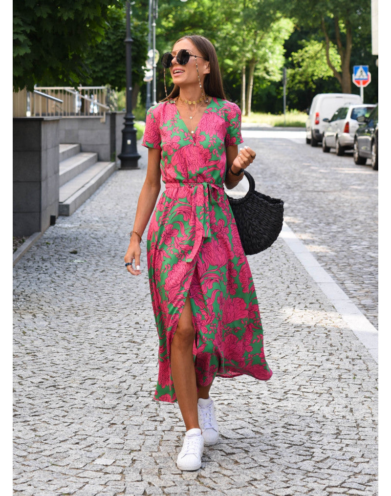 Ferlina | Women Floral Wrap Midi Dress with V Neck and Short Sleeves