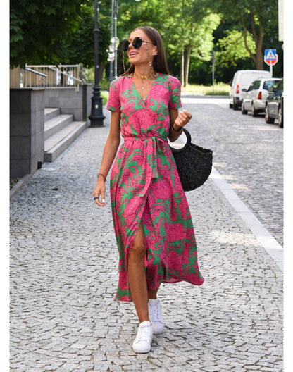 Ferlina | Women Floral Wrap Midi Dress with V Neck and Short Sleeves