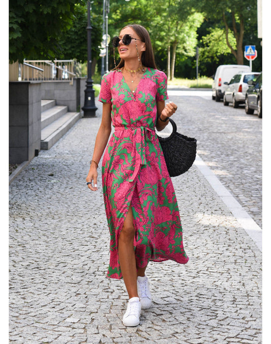 Ferlina | Women Floral Wrap Midi Dress with V Neck and Short Sleeves