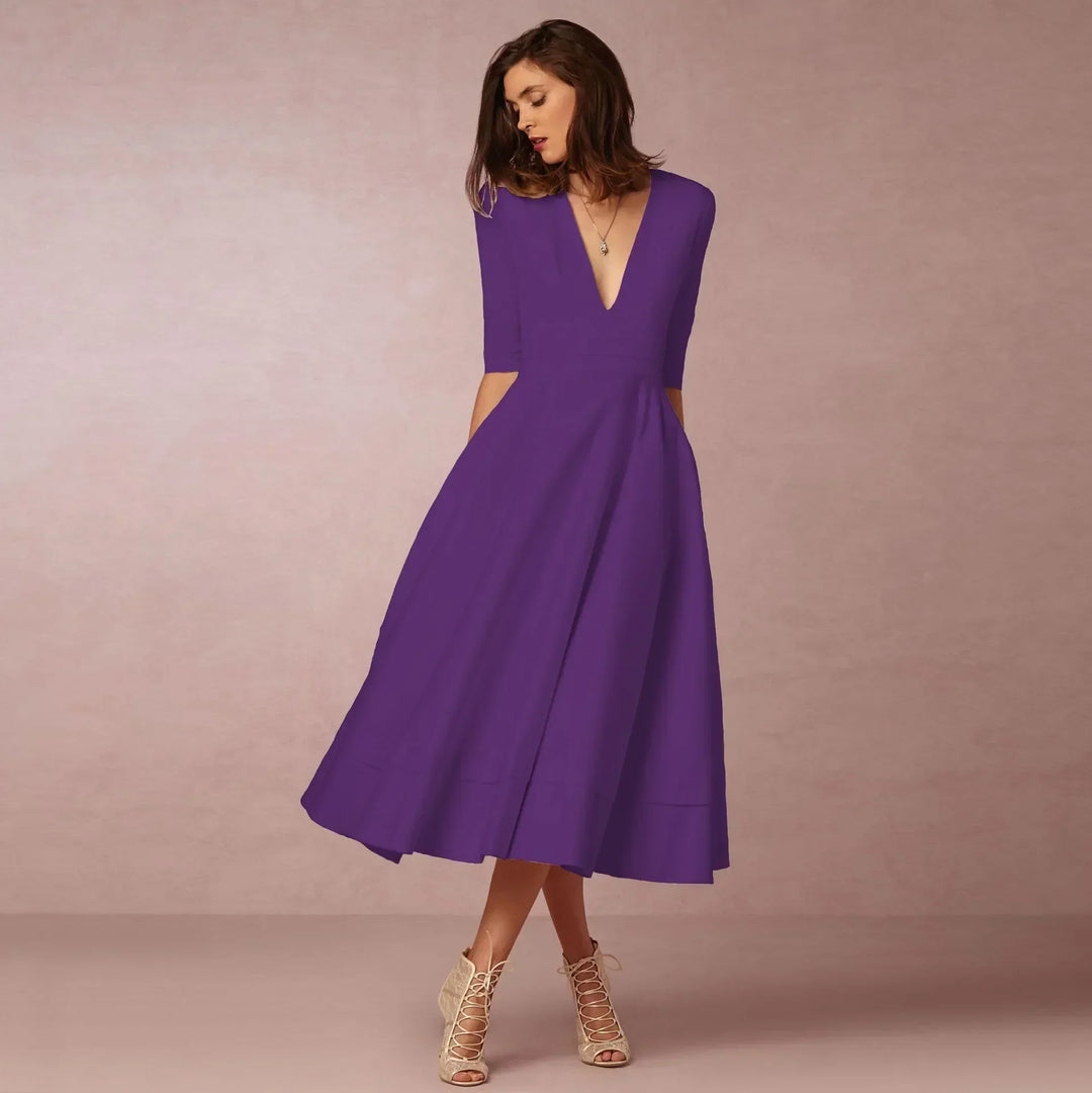 Vespera | Women’s Soft Fabric V-Neck Midi Dress | Versatile