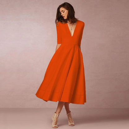 Vespera | Women’s Soft Fabric V-Neck Midi Dress | Versatile