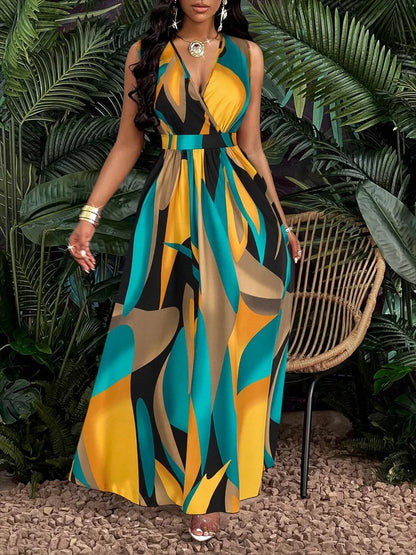 Estelle | Women’s V-Neck Sleeveless Maxi Dress with Abstract Print