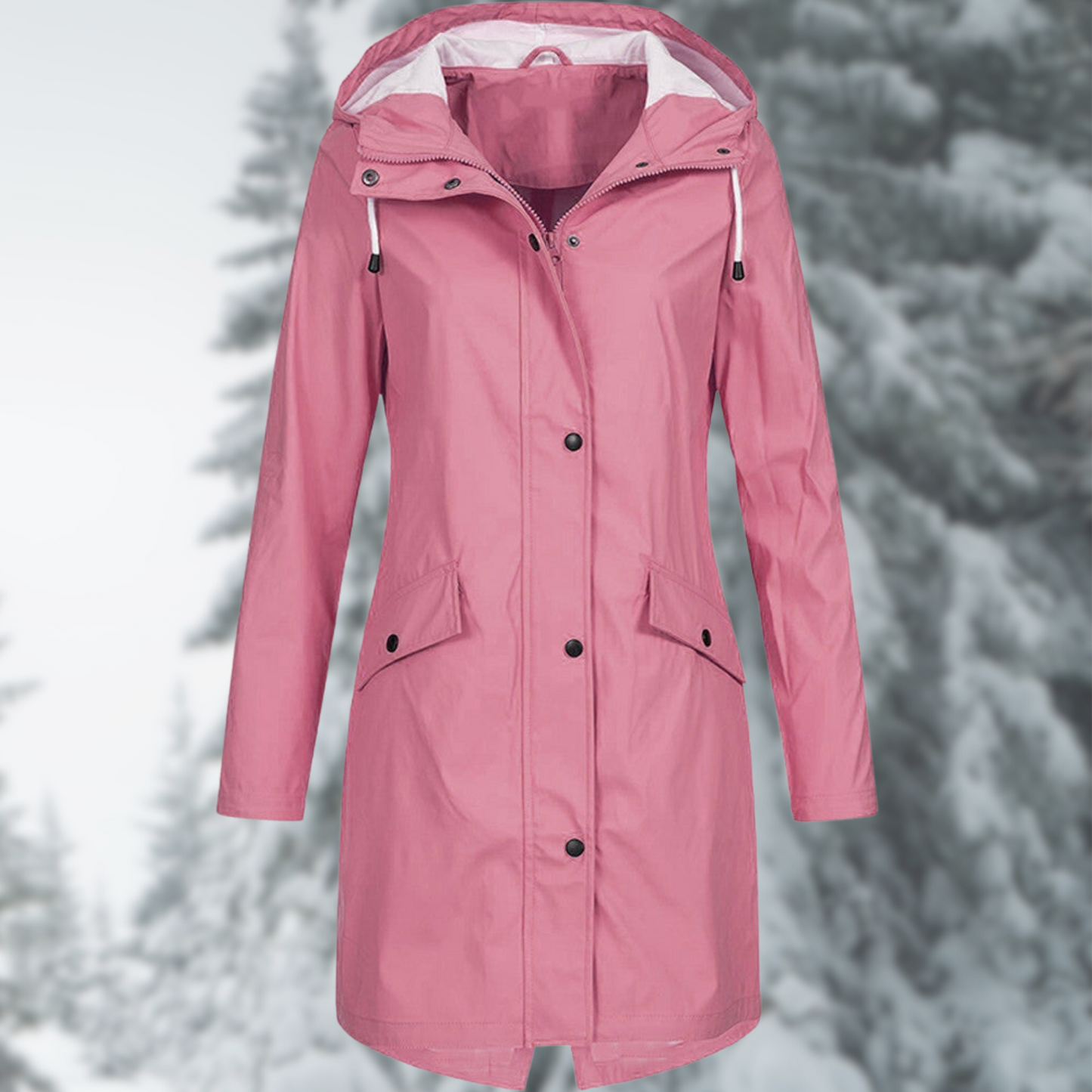 Claire | Long Hooded Rain Jacket with Snap Button Closure